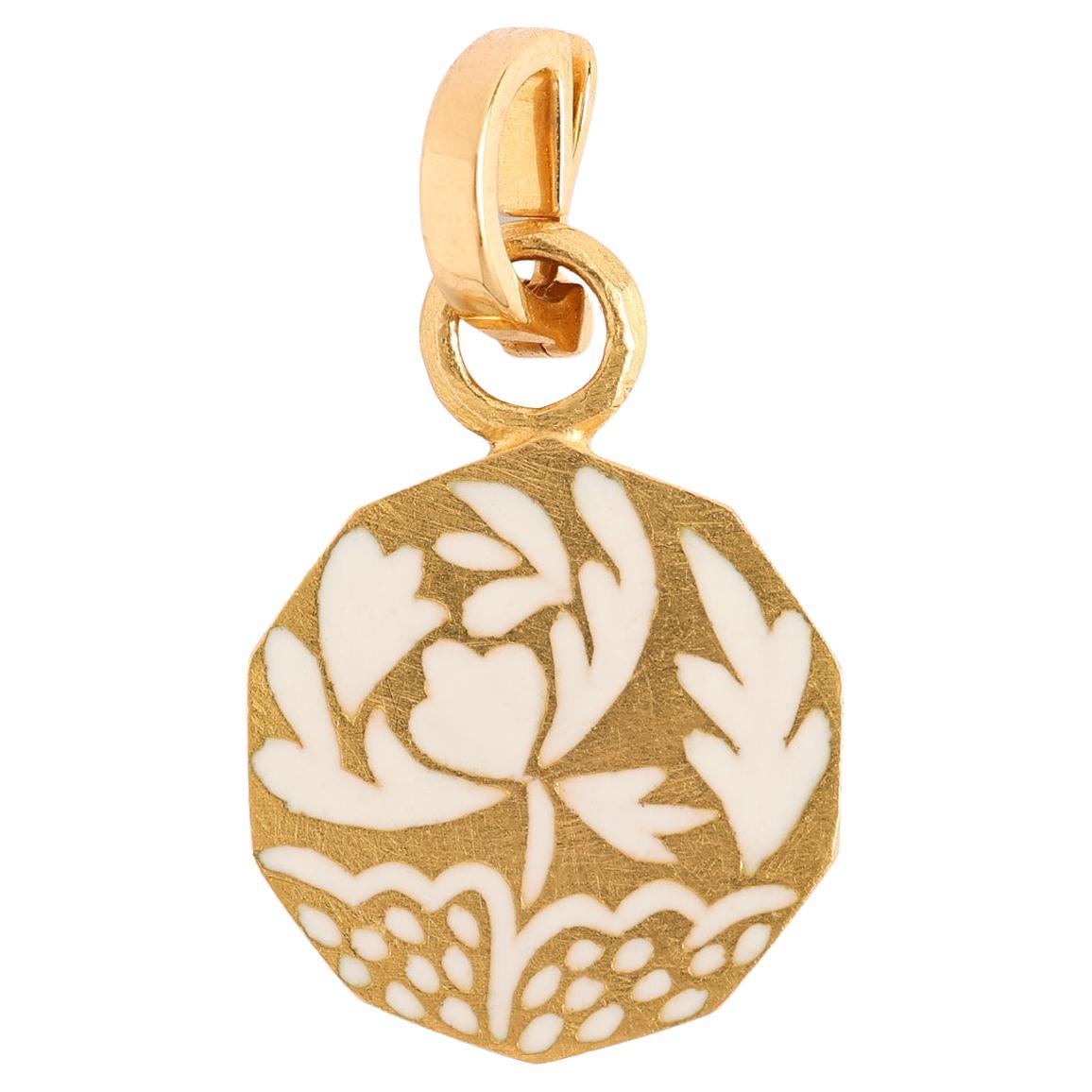 Round Cut 22K Gold Initial 'S' White Floral Enamel Reversible Charm Handmade by Agaro For Sale