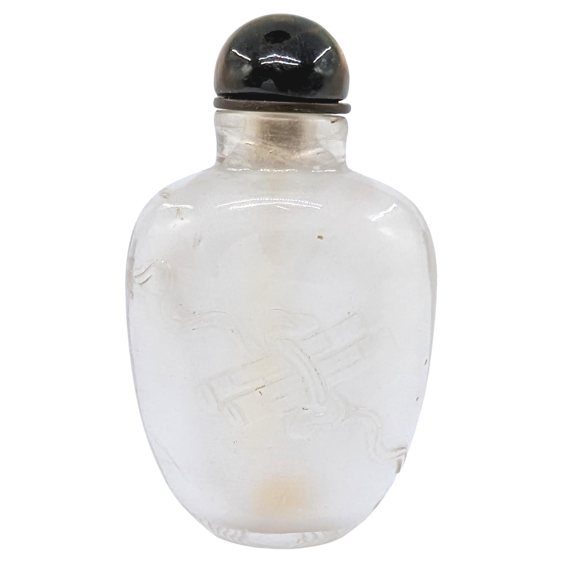 Antique Chinese Carved Rock Crystal Snuff Bottle Tiger's Eye Stopper 19c Qing For Sale