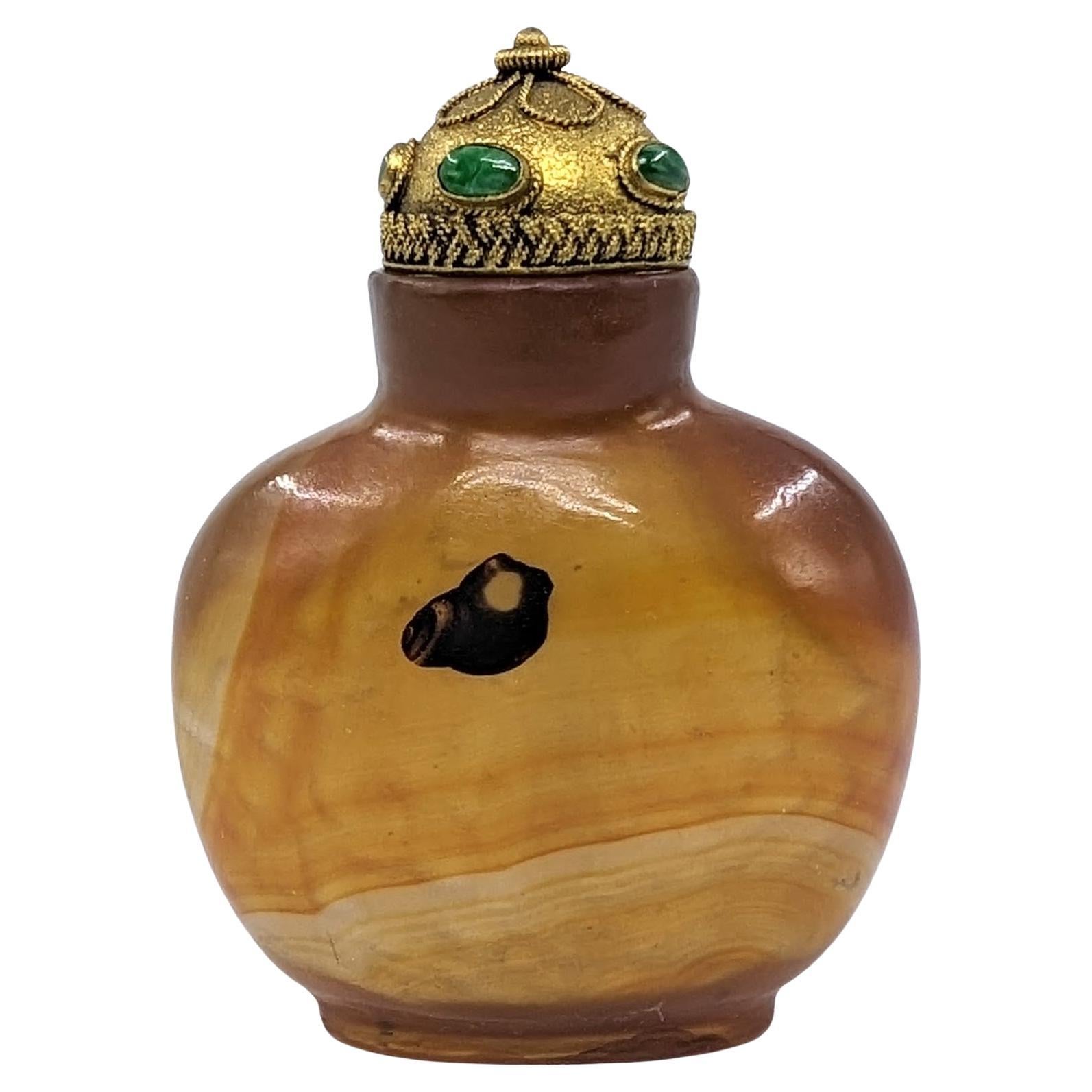 Tabatière "Floater" chinoise ancienne en agate avec incrustation de jadéite 18c-19c Qing