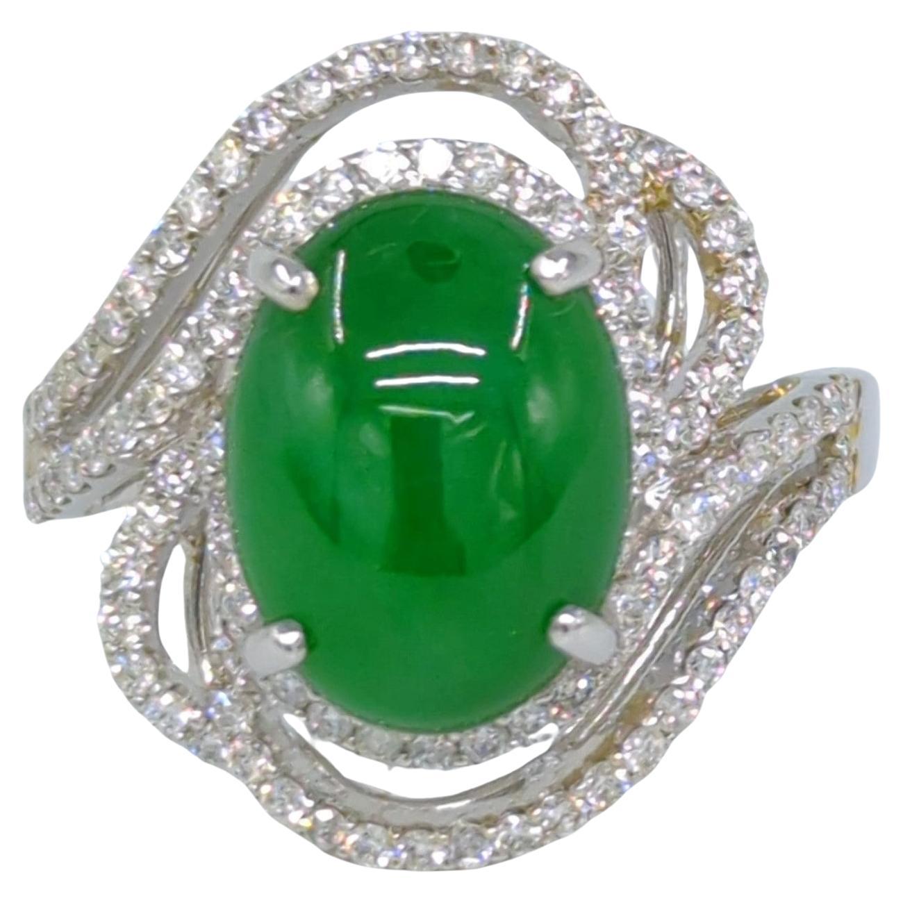 18K WG Ladies A-Grade Green Jadeite Diamond Ring GIA Gemologist Appraisal Sz 7.5