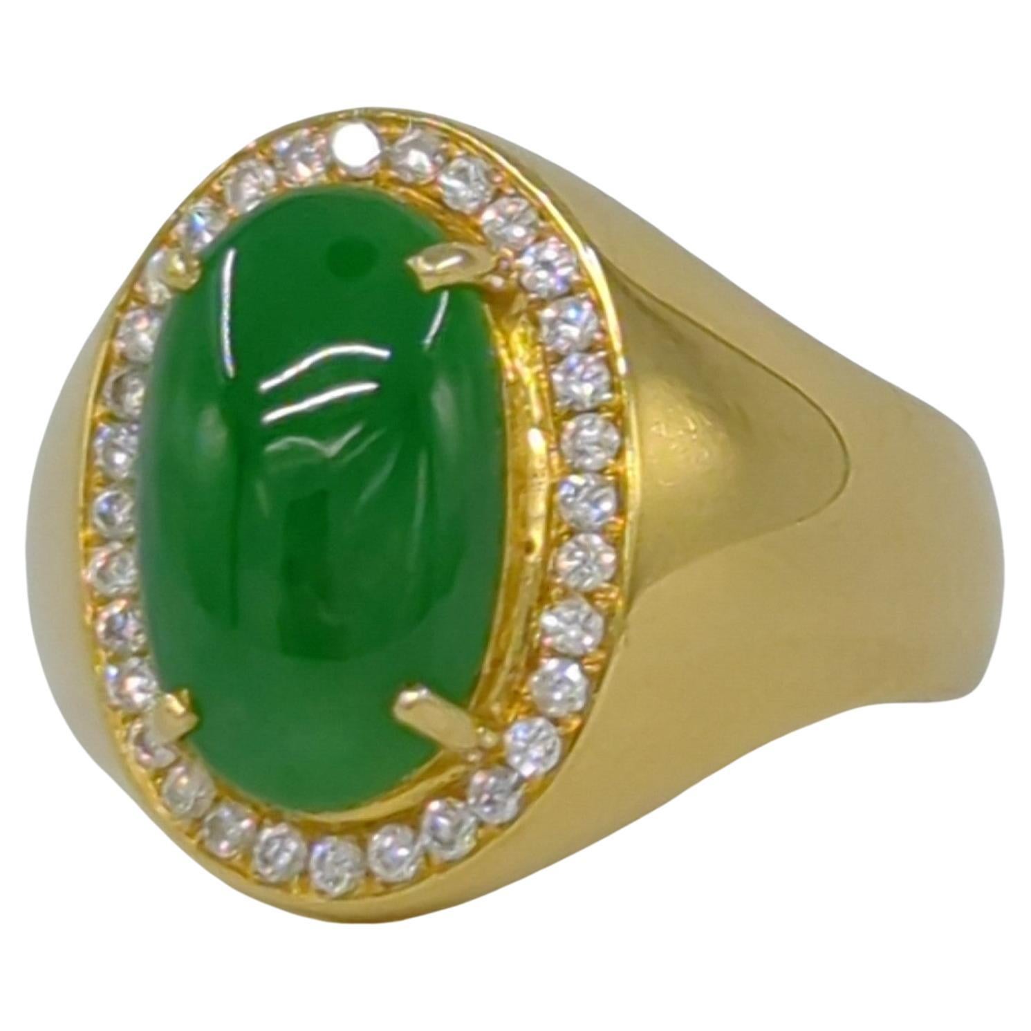 18K YG A-Grade Emerald Green Jadeite Diamond Ring GIA Gemologist Appraisal Sz 8 For Sale