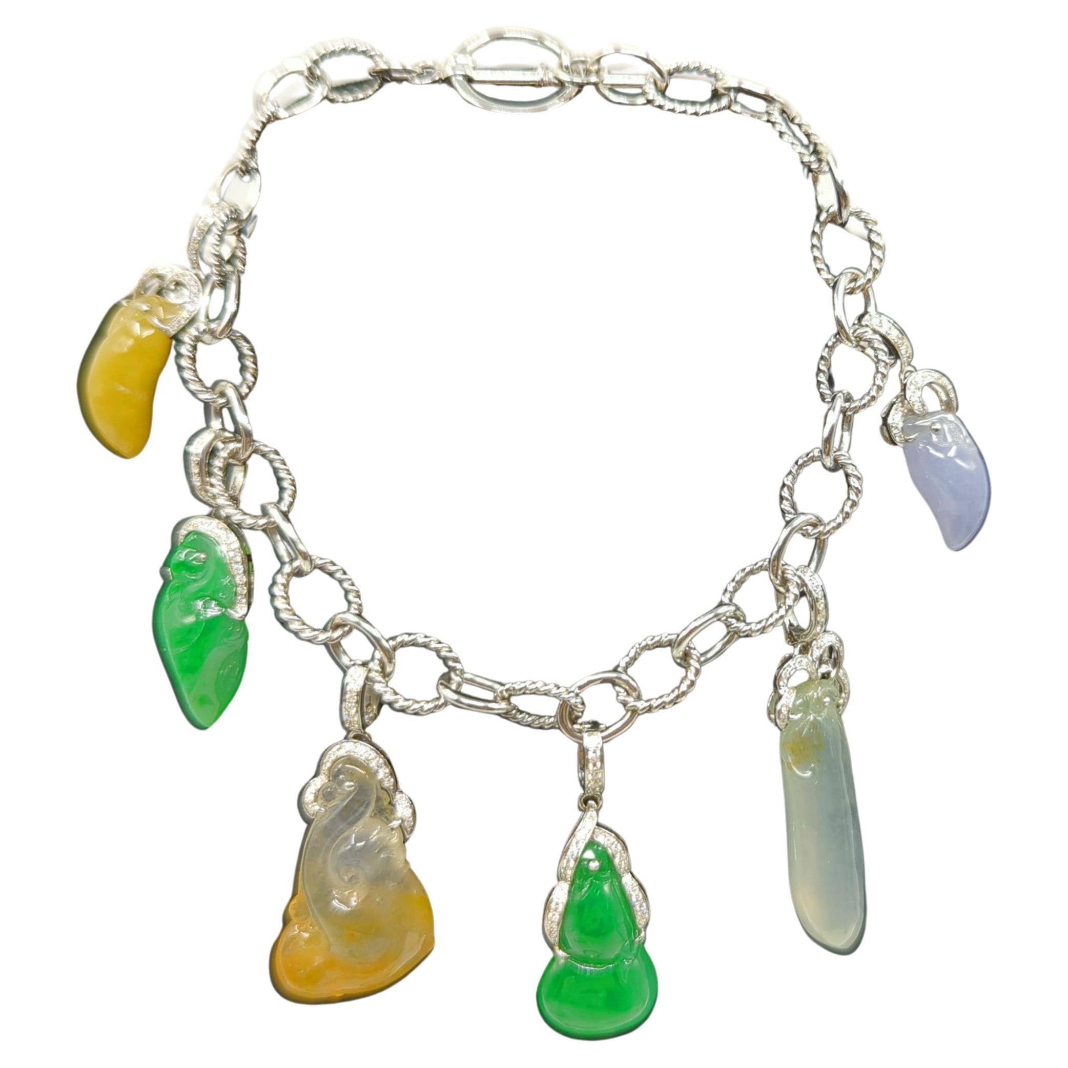 18k WG Multicolor Jadeite Diamond 6 Charms Bracelet G.I.A. Gemologist Appraisal For Sale