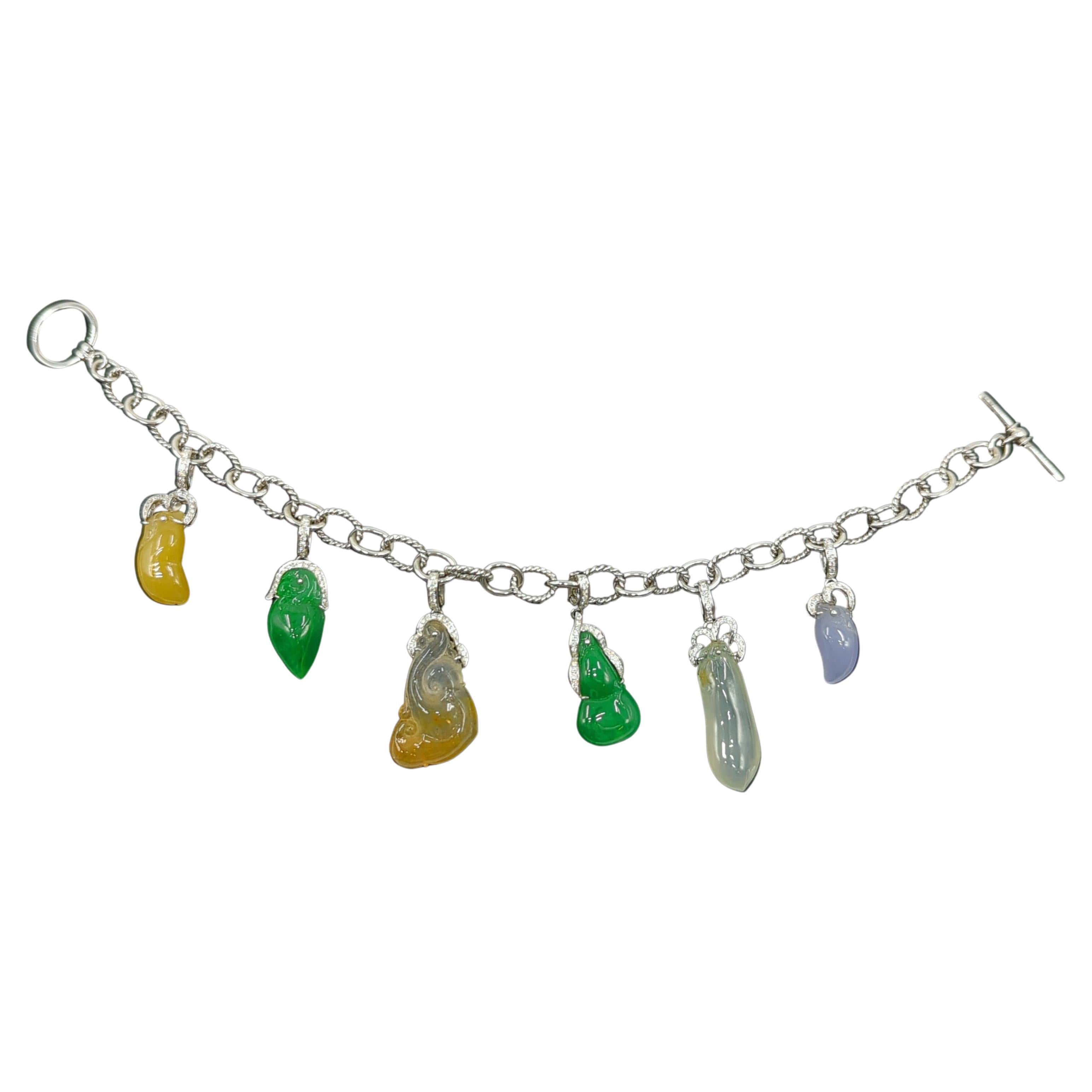 Artisan 18k WG Multicolor Jadeite Diamond 6 Charms Bracelet G.I.A. Gemologist Appraisal For Sale