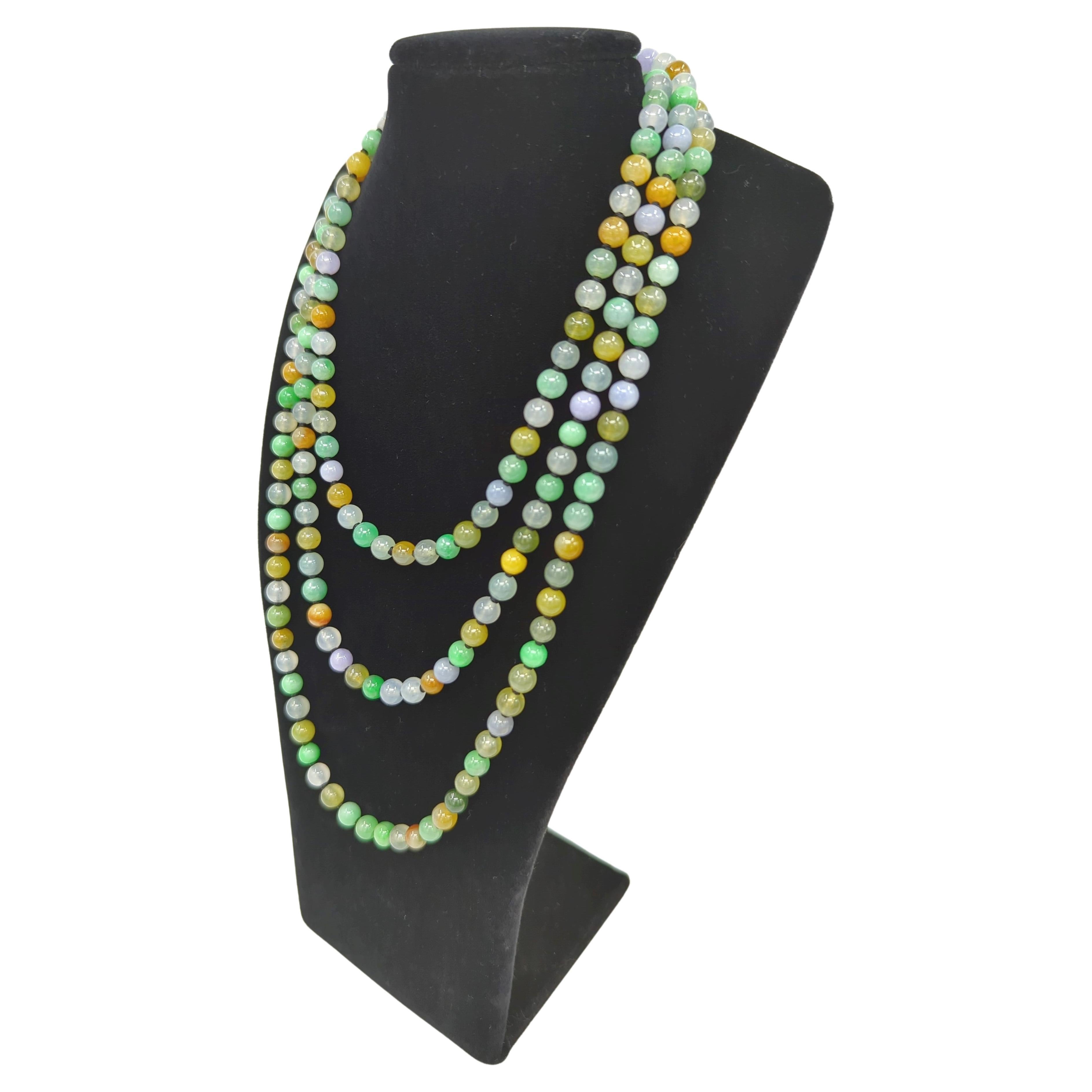 Exquisite Multicolor Icy Jadeite A-Grade 200 Beads Necklace Very Long Strand 52