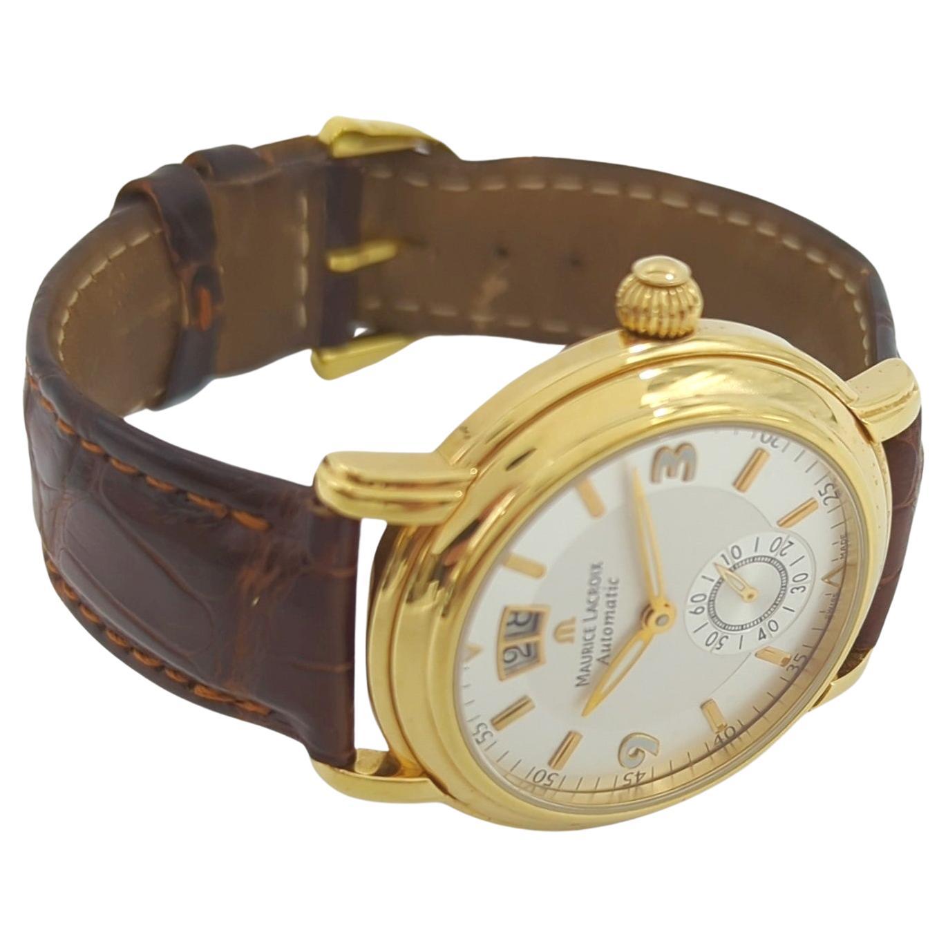Men's Maurice Lacroix Masterpiece 18k Solid Gold Automatic BIG DATE Wristwatch 40mm  For Sale