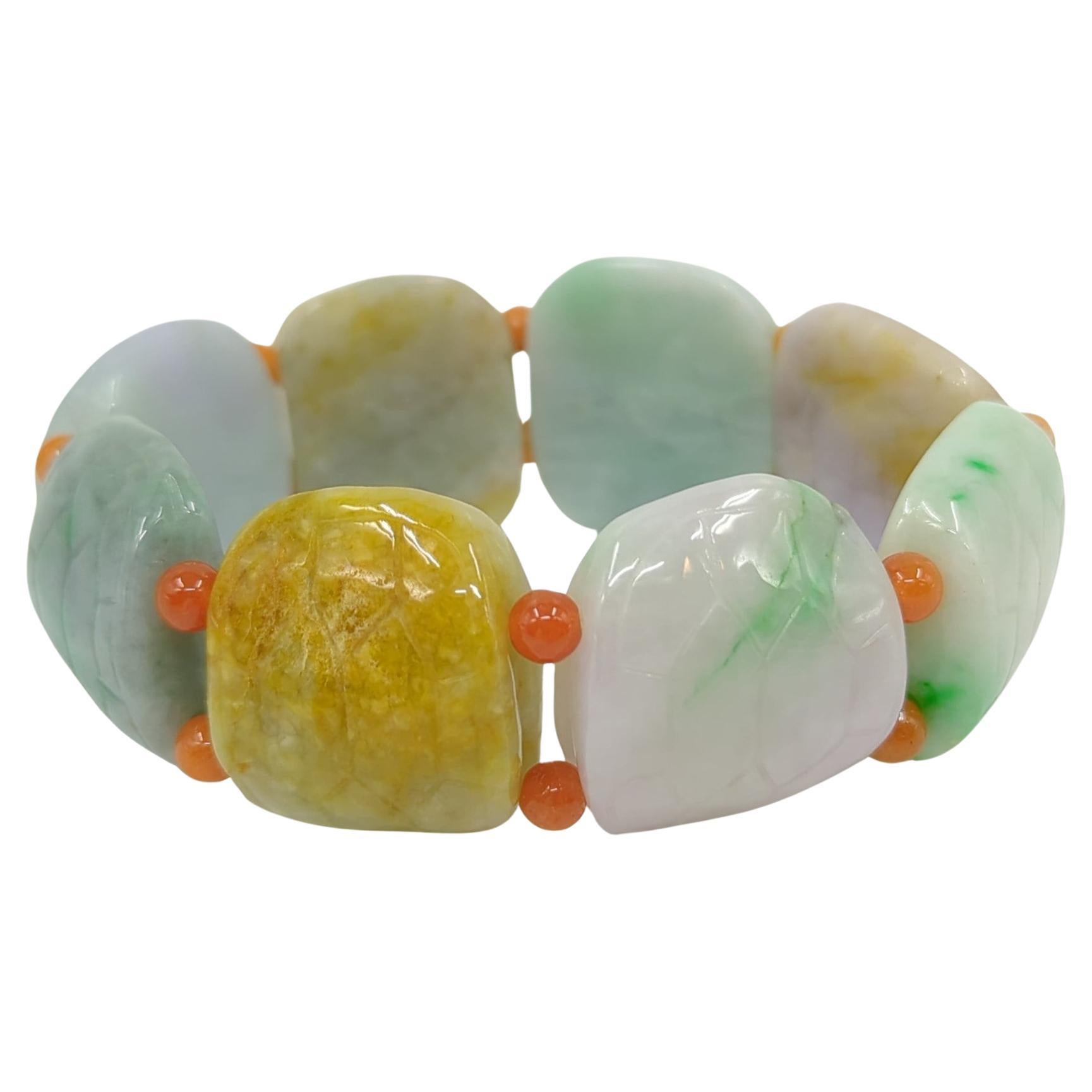 Vintage Chinese Natural Jadeite Turtle Shell Form Multi-Colored Beaded Bracelet For Sale