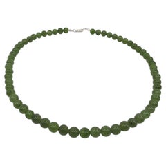 Vintage Chinese Natural Green Translucent Nephrite Jade Beaded Necklace 17" 20c