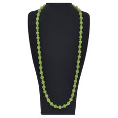 Vintage Spinach Green Nephrite Jade Bead Necklace, Sterling Silver, 23" 20c