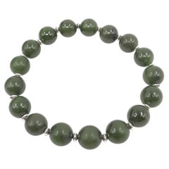 Vintage Chinese Dark Green Nephrite Jade Bead Bracelet, Sterling Silver 6.5"-7"