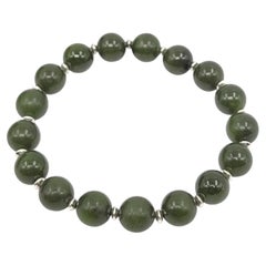Vintage Chinese Dark Green Nephrite Jade Bead Bracelet, Sterling Silver 6.5"-7"