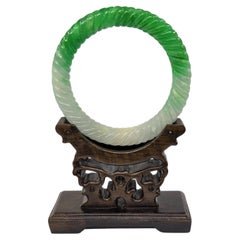 Vintage Chinese Rope Carved Green White Yellow Jadeite Bangle Bracelet ID:58mm