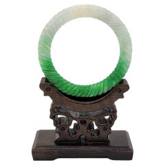 Vintage Chinese Rope Carved Green White Yellow Jadeite Bangle Bracelet ID:58mm