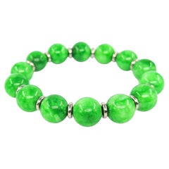 Vintage Chinese Apple Green Jadeite 14mm Beaded Bracelet Stainless Steel 7-7.5"