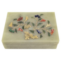 Antique Chinese Carved Serpentine Box Jade Malachite Lapis Agate Inlay c.1900