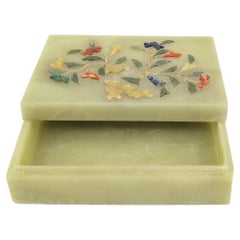 Antique Chinese Carved Serpentine Box Jade Malachite Lapis Agate Inlay c.1900