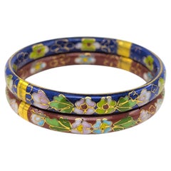 Pair Antique Chinese Cloisonné Enamel Hinged Bangle Bracelets Republic Early 20c