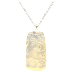 Chinese Carved Agate Bird & Blossom Pendant Italian Sterling Silver Necklace 24"