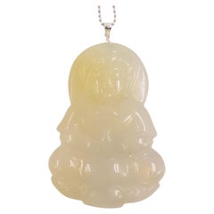 Chinese Carved Agate Guanyin Pendant Italian Sterling Silver Necklace 24"