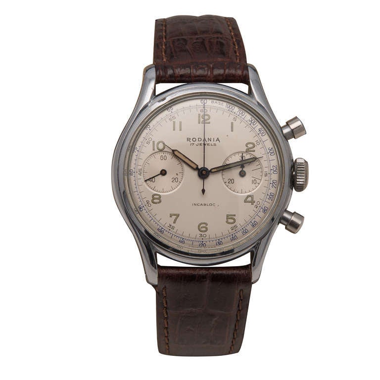 Rodania stainless steel chronograph wristwatch, 17 jewels, Valjoux calibre 230 manual-wind movement, circa 1950s

The Rodania signature and logo appears multiple times, inside and outside case, on movement, crown and dial. This rarely seen