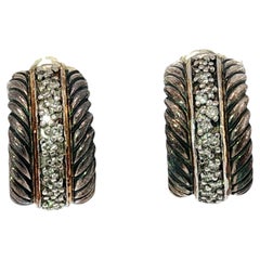 David Yurman Diamond Cable Hoop Earrings Sterling Silver and 18K Gold