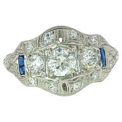 Art Deco C.D. Peacock Platinum Diamond Three Stone Band with Sapphire Accents