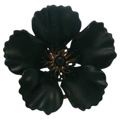 Antique Pansy Flower Brooch 18K Black Enamel Art Nouveau 18K Yellow Gold