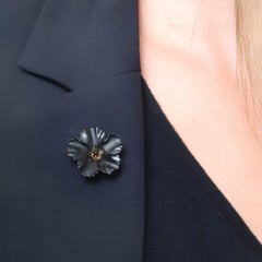 Antique Pansy Flower Brooch 18K Black Enamel Art Nouveau 18K Yellow Gold