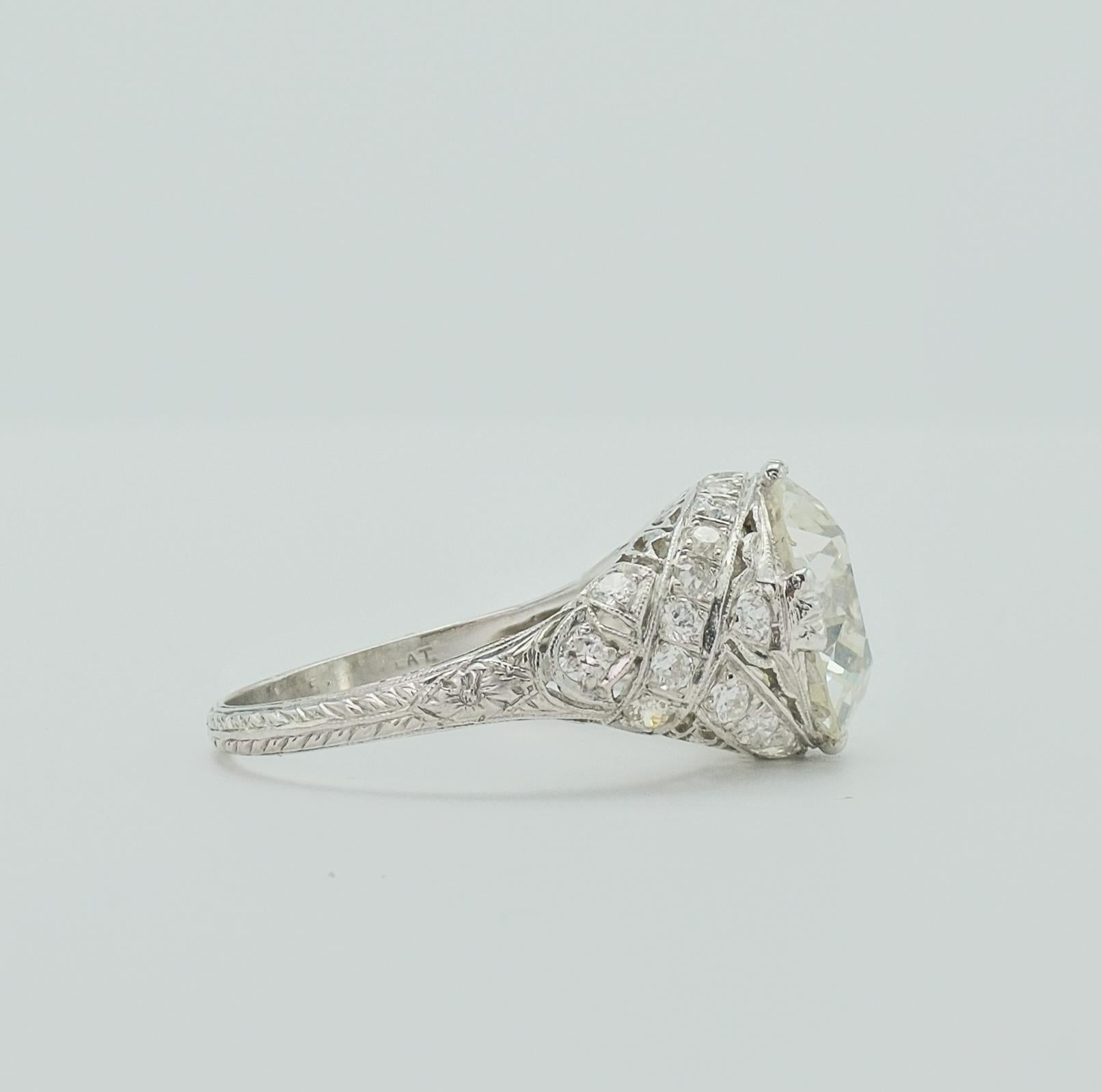 Antique Art Deco Platinum Old European Cut Diamond 4.14 Carat Ring For Sale 2