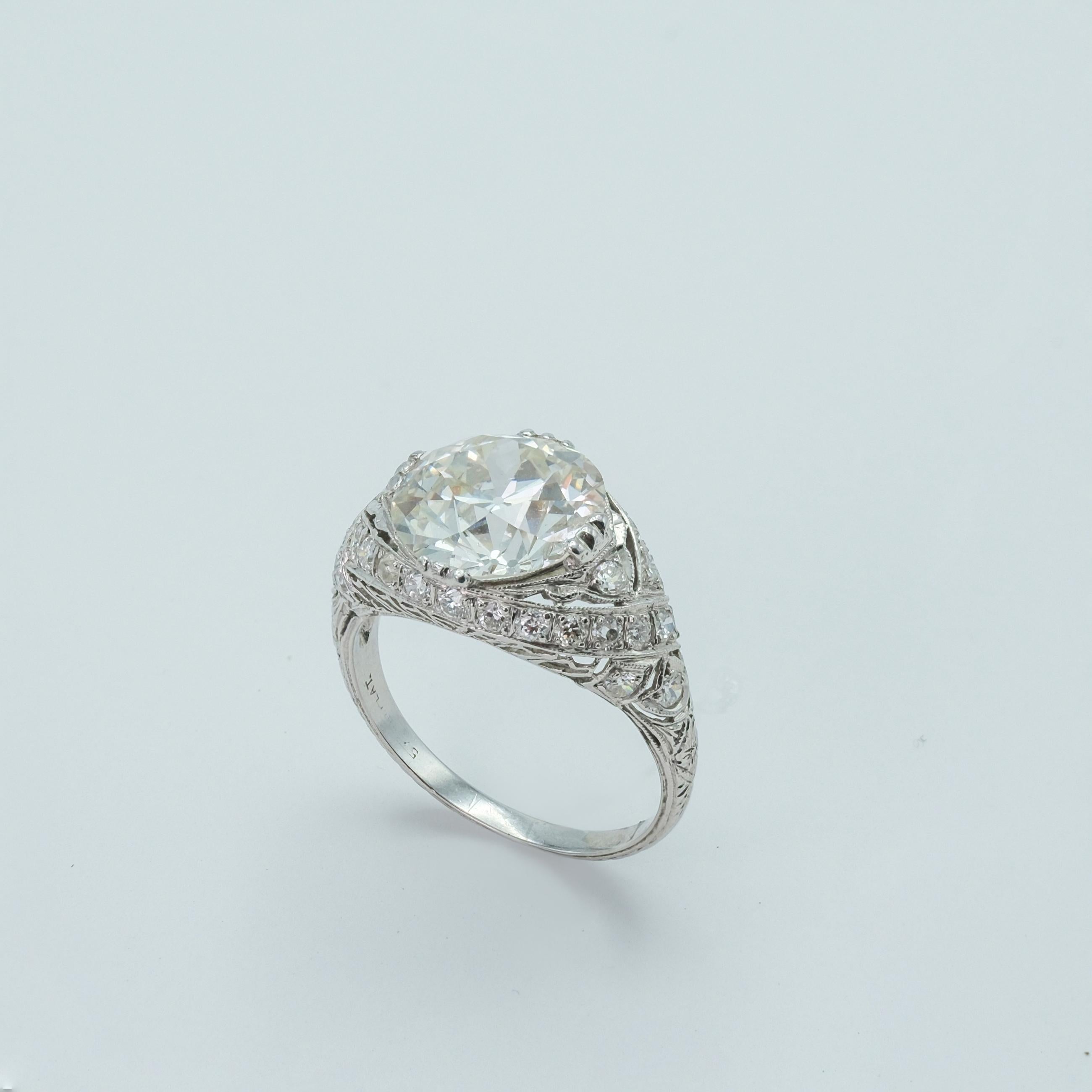 Antique Art Deco Platinum Old European Cut Diamond 4.14 Carat Ring In Excellent Condition For Sale In Fairfield, CT
