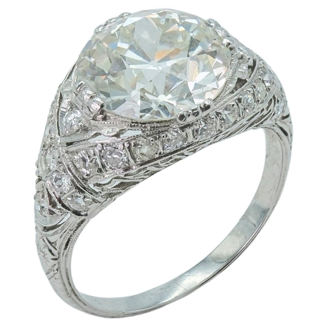Antique Art Deco Platinum Old European Cut Diamond 4.14 Carat Ring For Sale