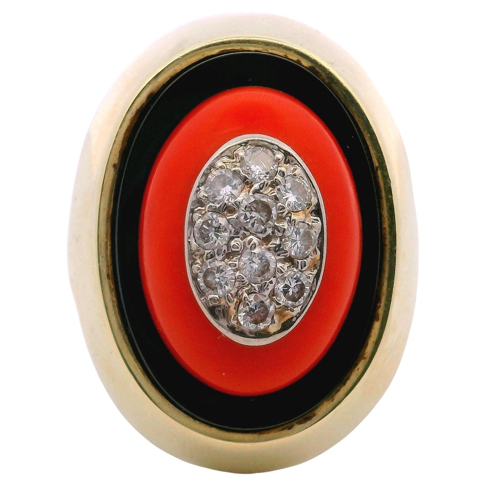 14k Yellow Gold Black Onyx, Coral, and Diamond Ring For Sale