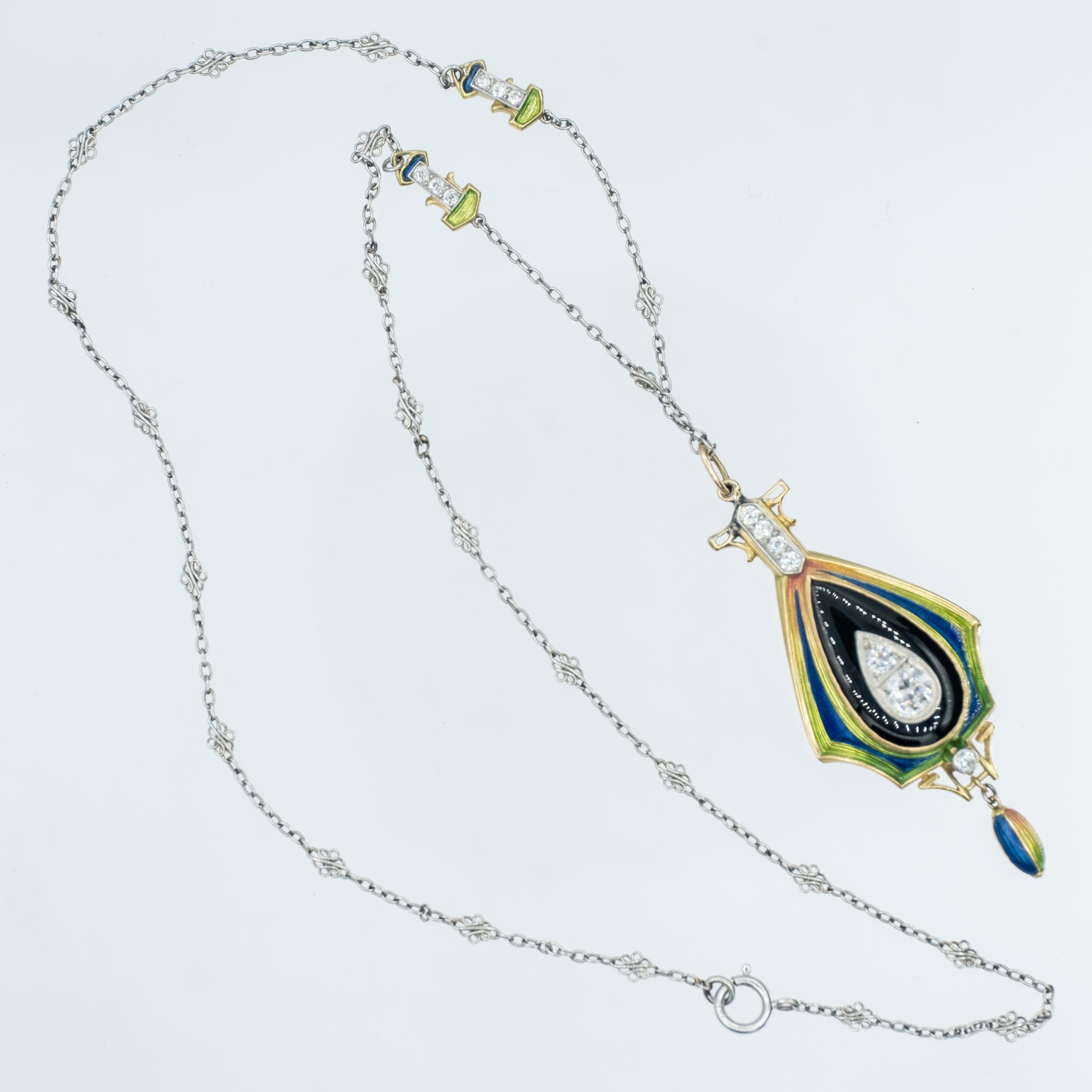 Antike Jugendstil-Halskette aus Platin und 18 Karat Gold mit Emaille und Diamanten 2