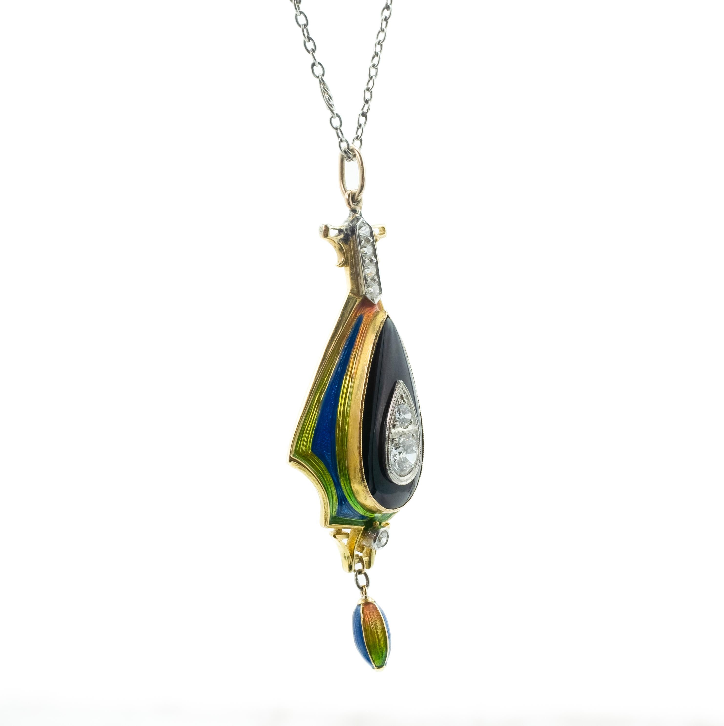 Antike Jugendstil-Halskette aus Platin und 18 Karat Gold mit Emaille und Diamanten Damen