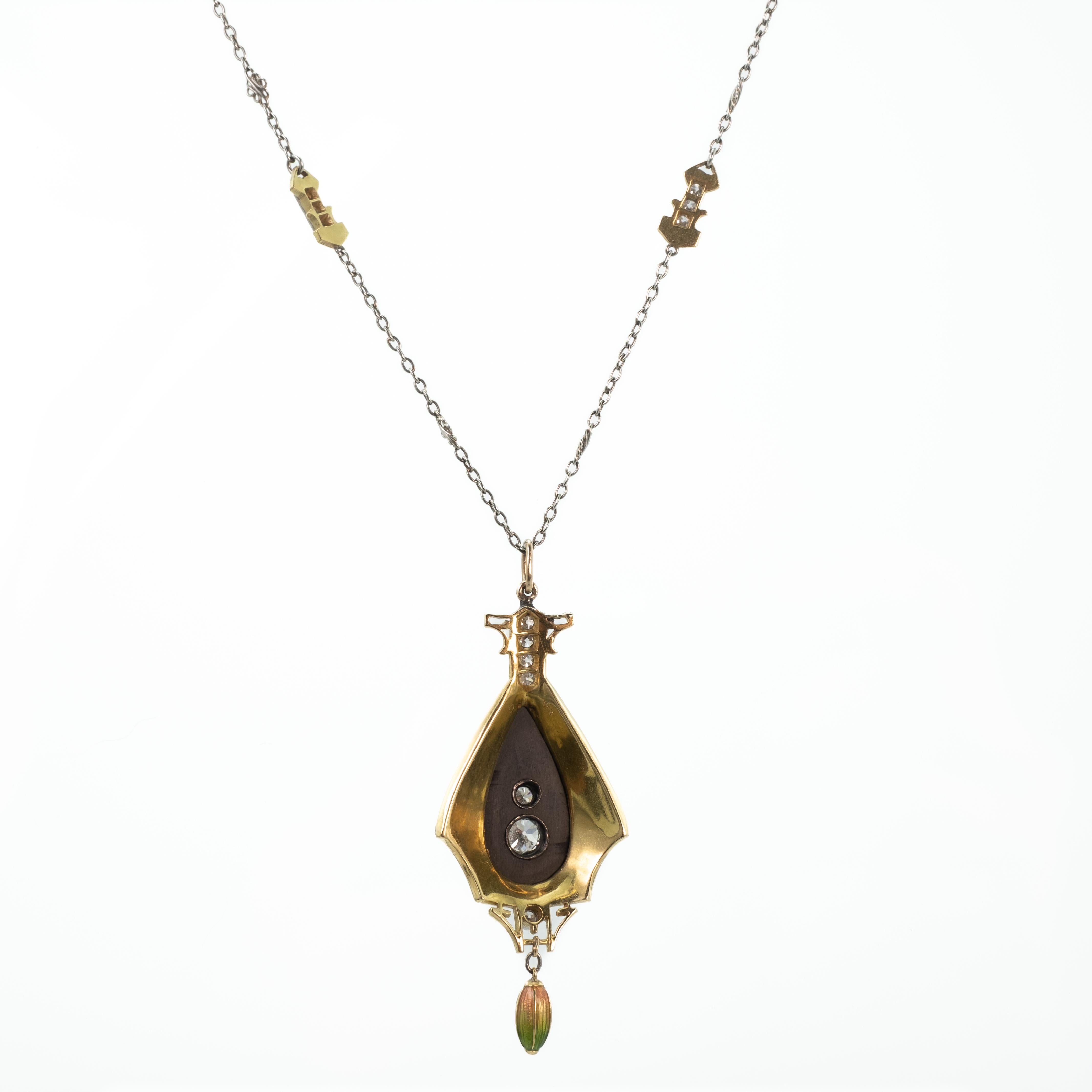 Antike Jugendstil-Halskette aus Platin und 18 Karat Gold mit Emaille und Diamanten im Zustand „Gut“ in Fairfield, CT
