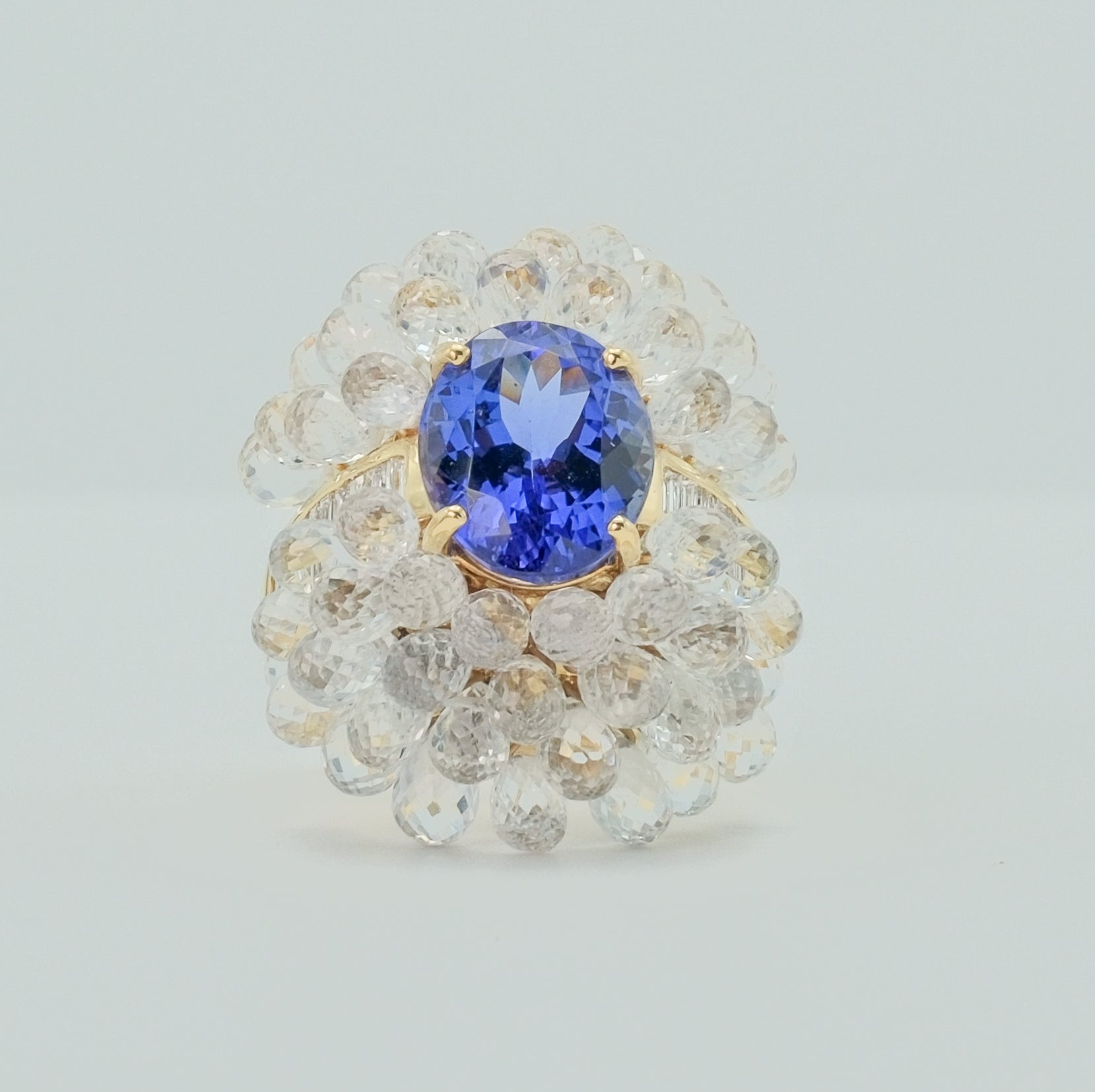 Tanzanite, Briolette White Sapphire & Diamond Cluster Cocktail Ring 18k Gold For Sale