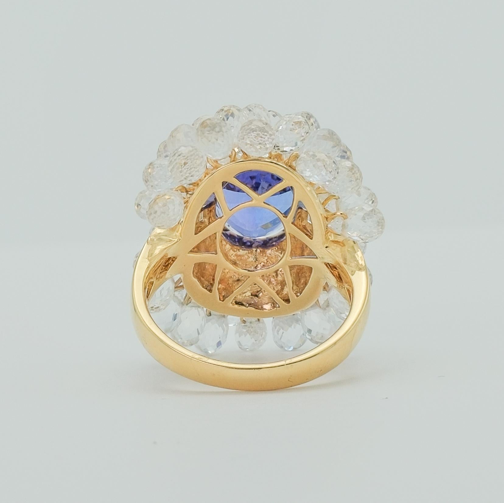 Modern Tanzanite, Briolette White Sapphire & Diamond Cluster Cocktail Ring 18k Gold For Sale