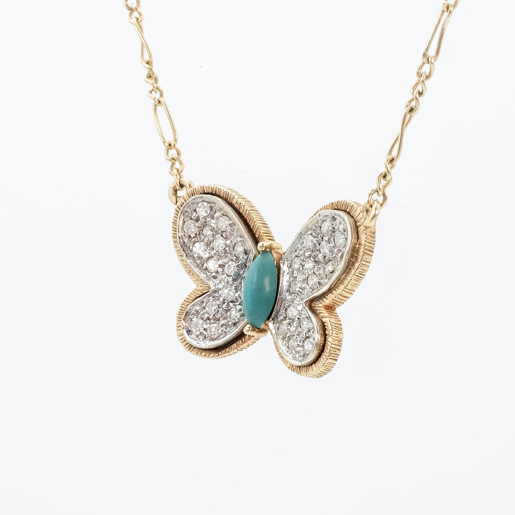 Vintage Hammerman Brothers Butterfly Necklace with Turquoise, Diamonds & Figaro In Good Condition For Sale In Fairfield, CT