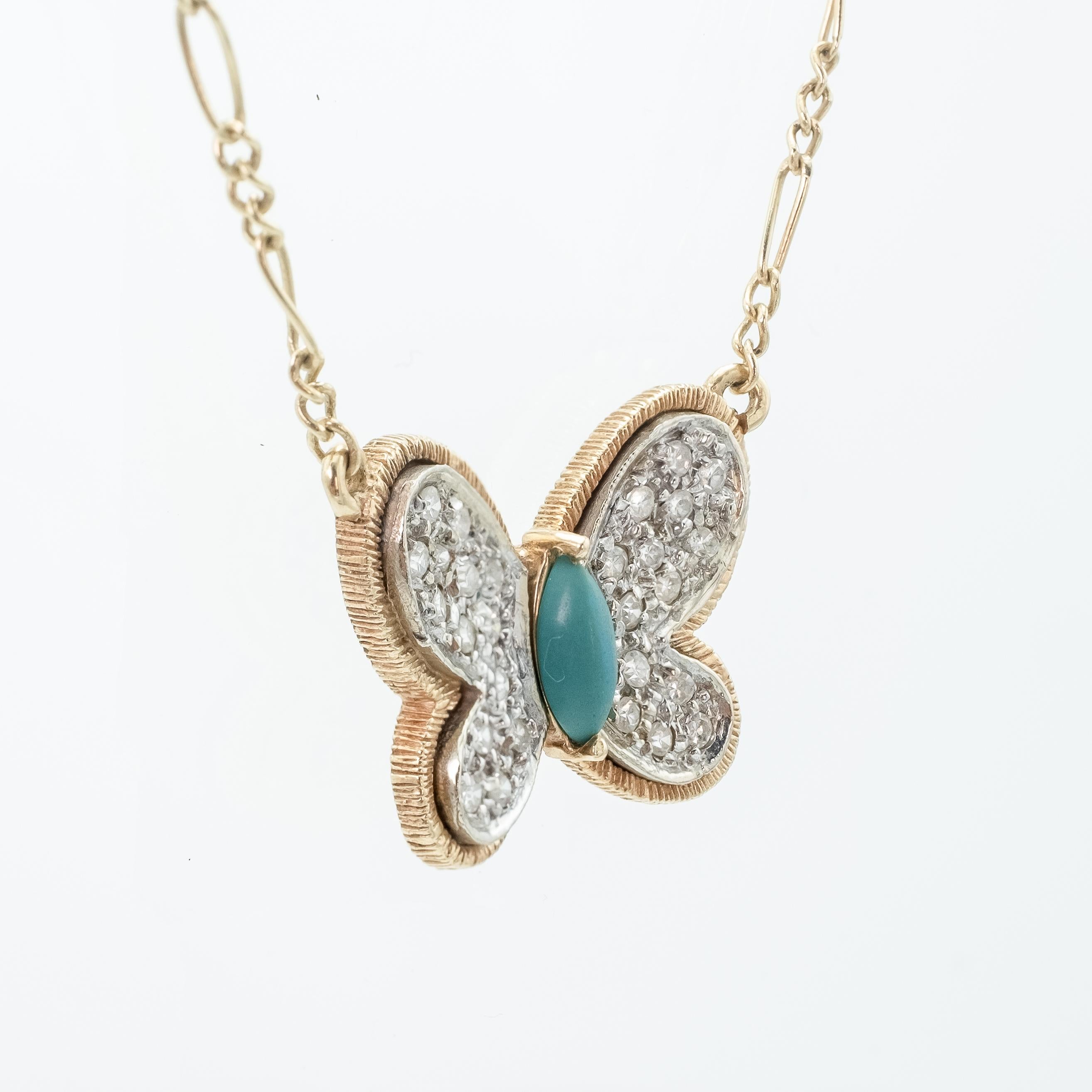 Contemporary Vintage Hammerman Brothers Butterfly Necklace with Turquoise, Diamonds & Figaro For Sale