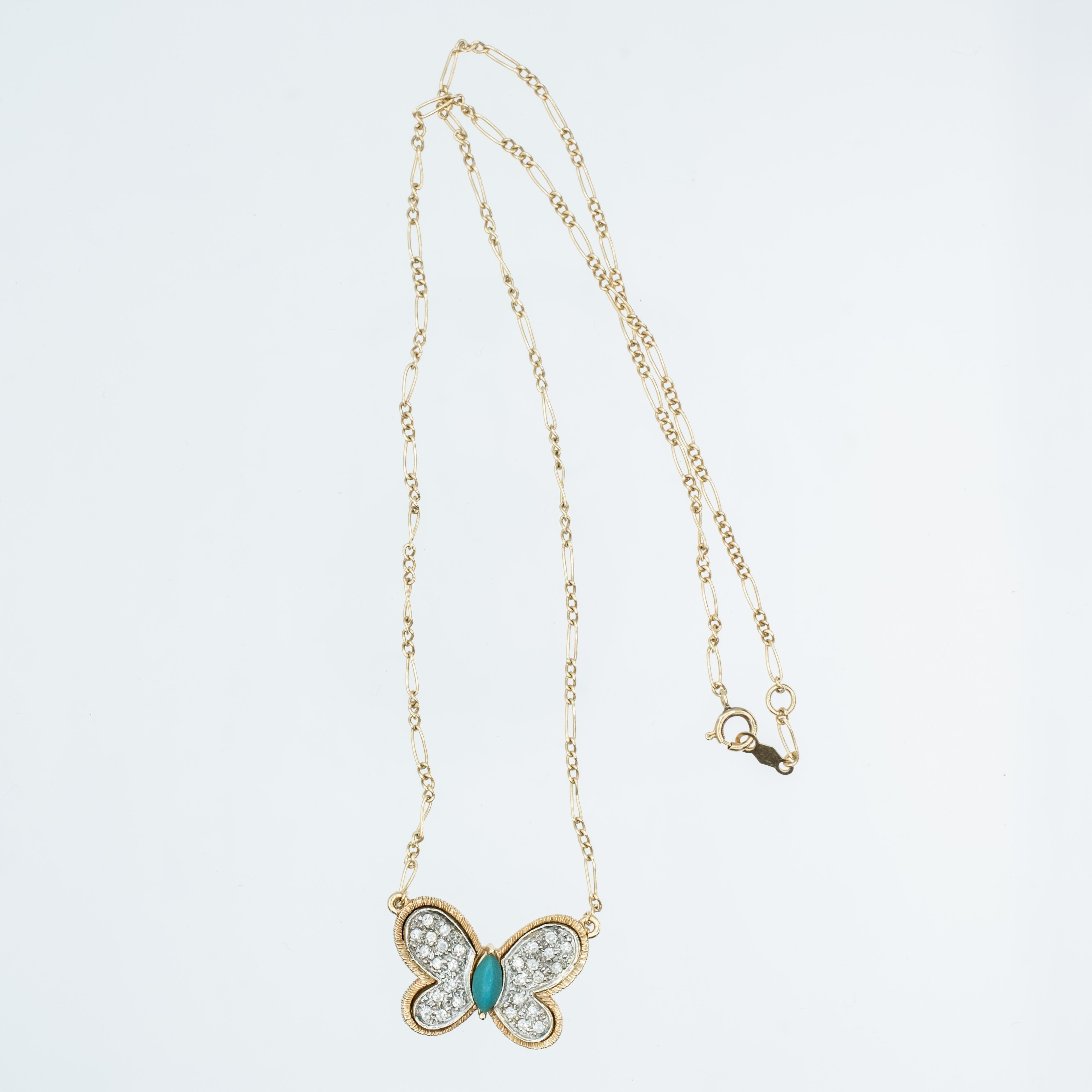 Women's Vintage Hammerman Brothers Butterfly Necklace with Turquoise, Diamonds & Figaro For Sale