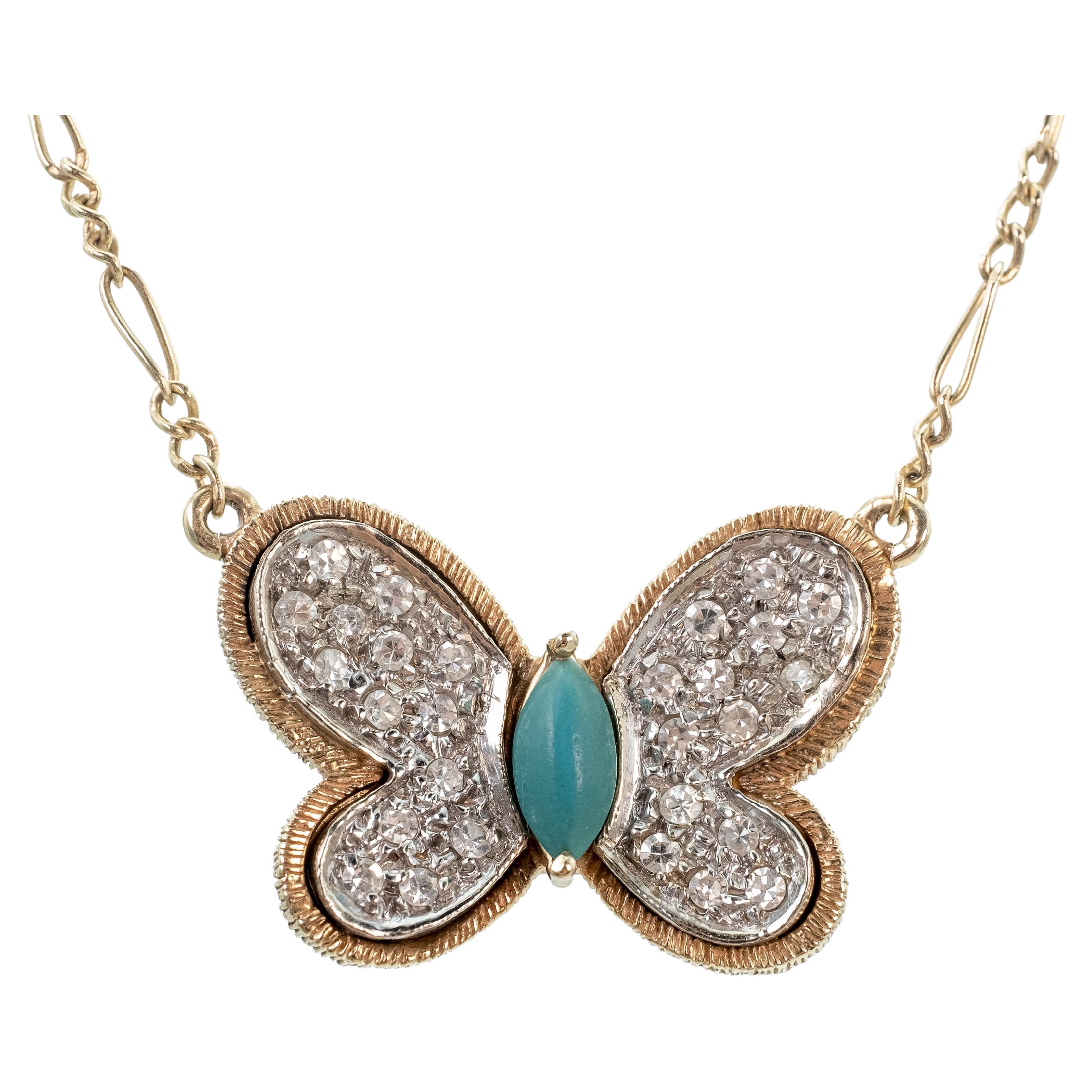 Vintage Hammerman Brothers Butterfly Necklace with Turquoise, Diamonds & Figaro For Sale