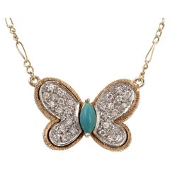 Vintage Hammerman Brothers Butterfly Necklace with Turquoise, Diamonds & Figaro