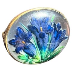 Broche vintage en or 14 carats en forme de fleur avec peinture inversée en taille-douce en cristal d'Essex