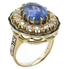 Vintage 18 Karat Victorian Style 6.1ct Sapphire Diamond and Enamel Cluster Ring 