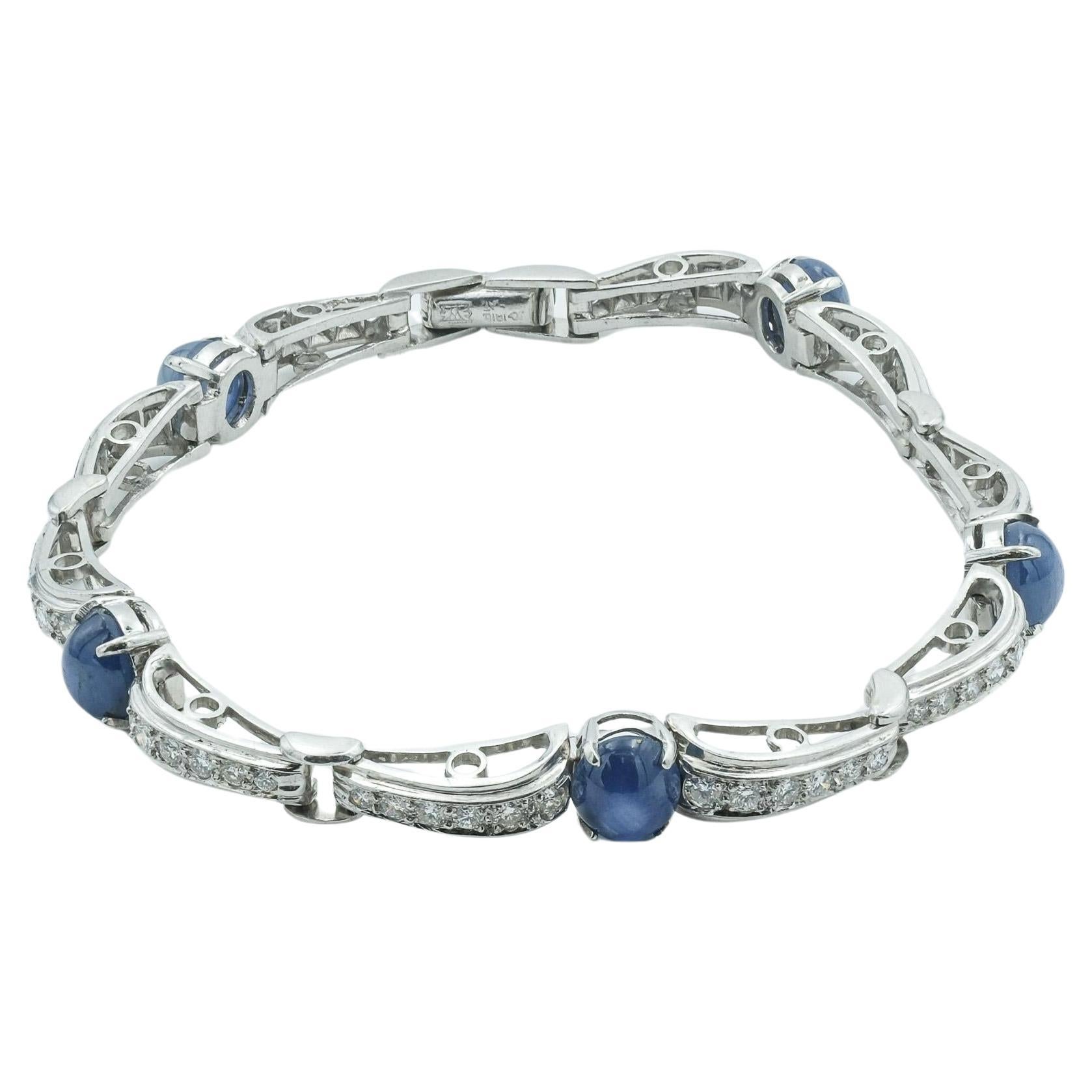 Art Deco Platinum Blue Star Sapphire and Diamond Line Bracelet