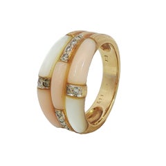 Vintage Coral Diamond Stacker Ring 18 Karat Yellow Gold Mother of Pearl Sz 5.75