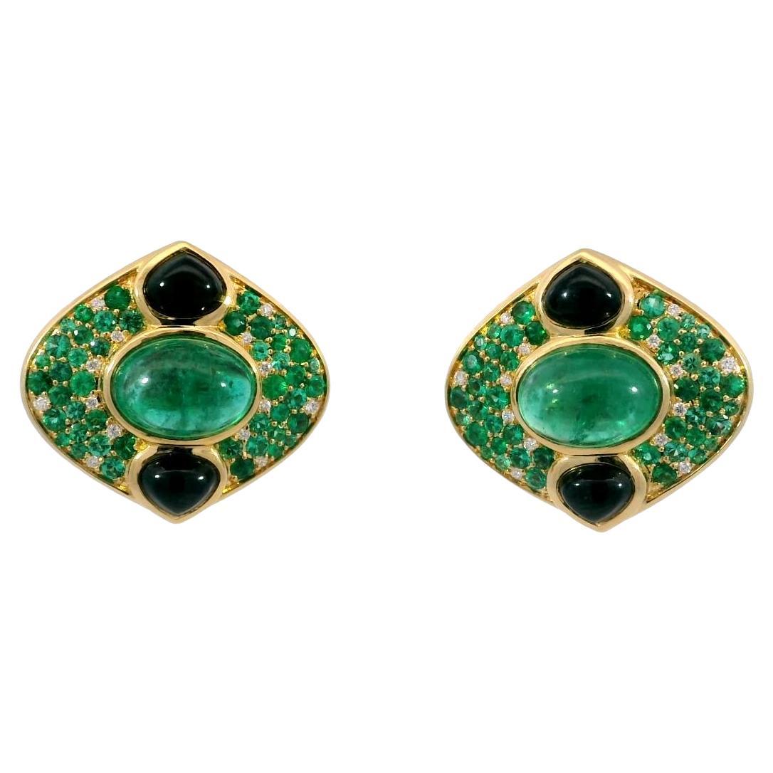 Marina B. Emerald Lucilla Clip On Earrings Black Spinel Diamonds 18K Yellow Gold
