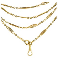Art Nouveau Long Chain With Dog Clasp 18K Yellow Gold 60" in Length