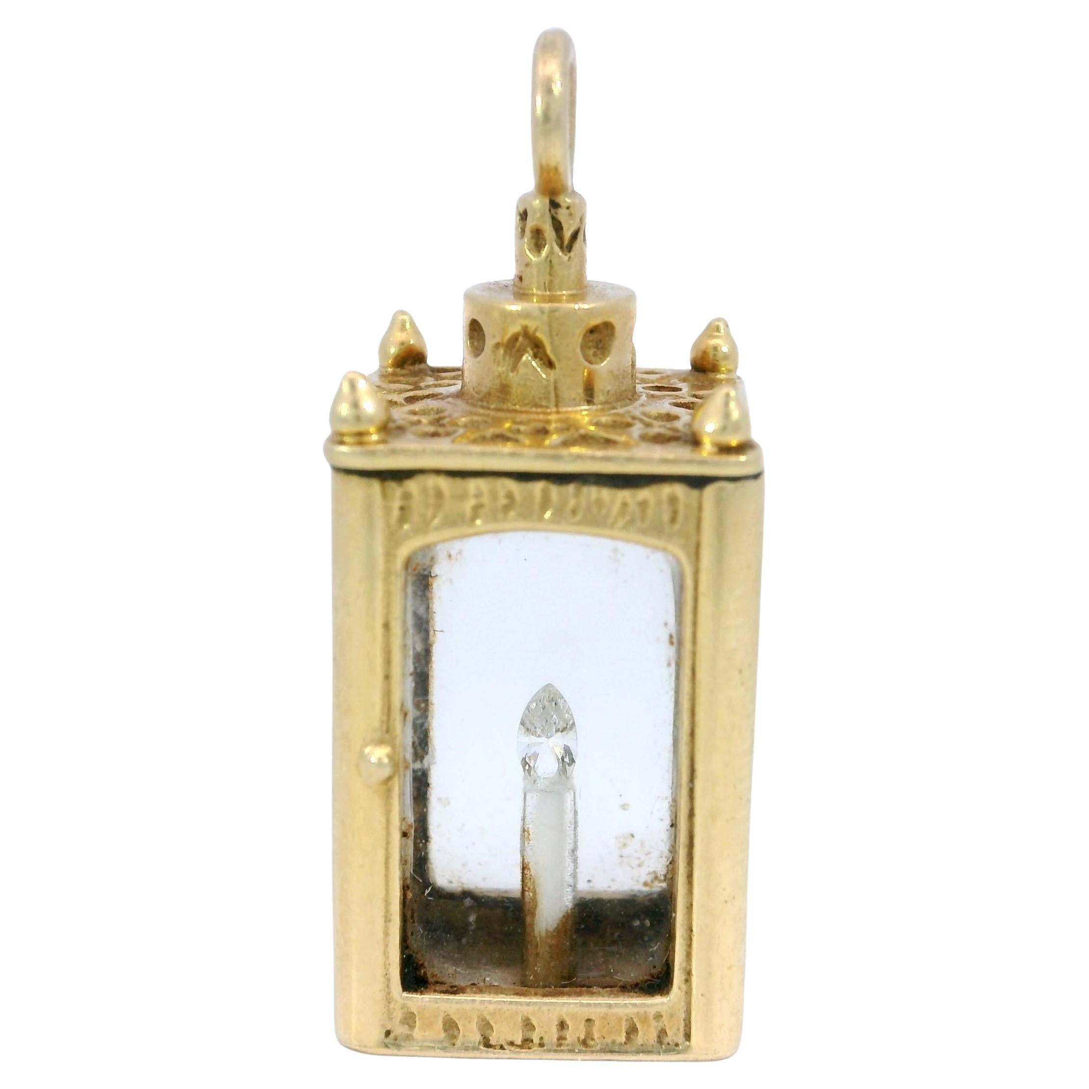 Ciondolo a forma di lanterna con diamante vintage in oro giallo 14K