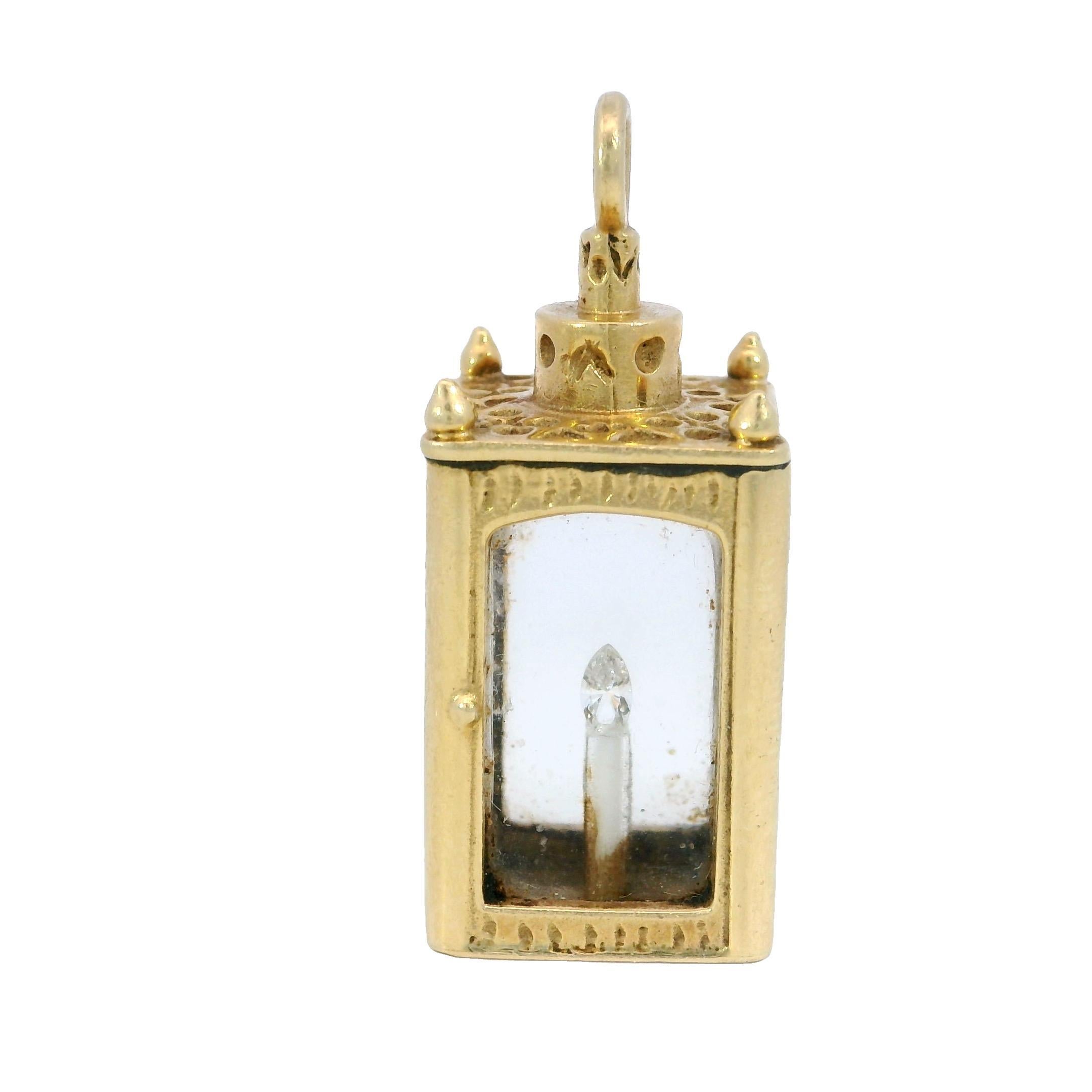 Pendentif lanterne vintage en or jaune 14K avec diamants en vente 1