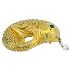 Andrew Clunn Fish Brooch 18K Yellow Gold Emerald Cabochon Eyes